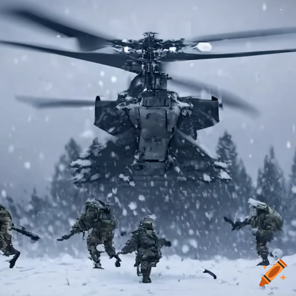 futuristic military helicopter in a snowstorm