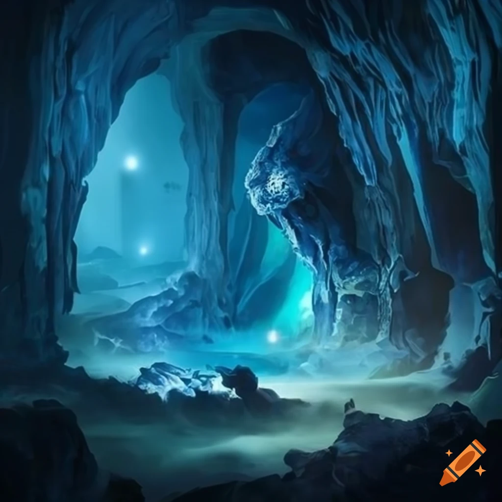 mystical cave with glowing blue crystals