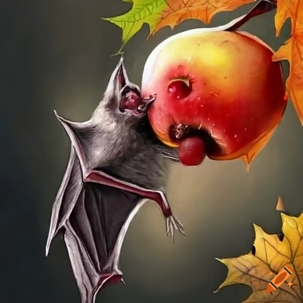 bat eating an apple under a maple tree