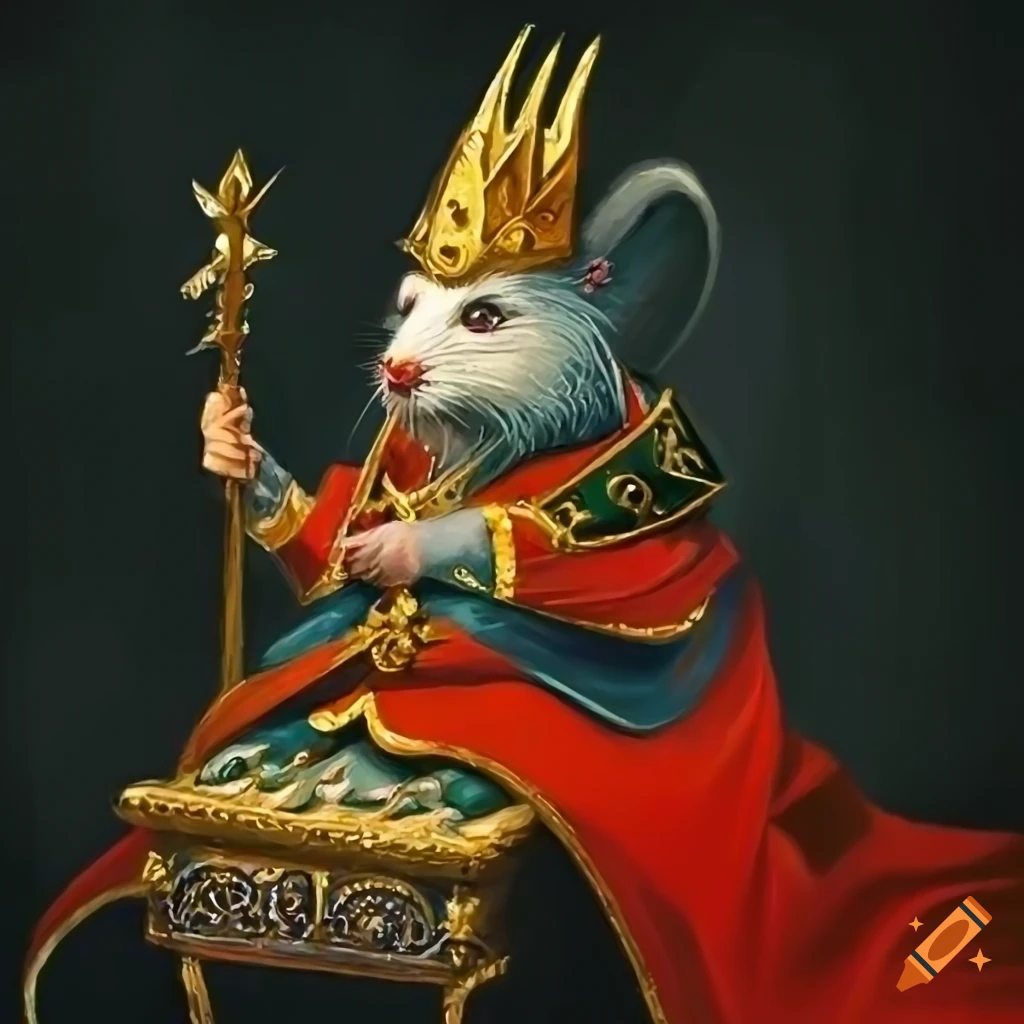 painting of a rat king wearing a crown and robes