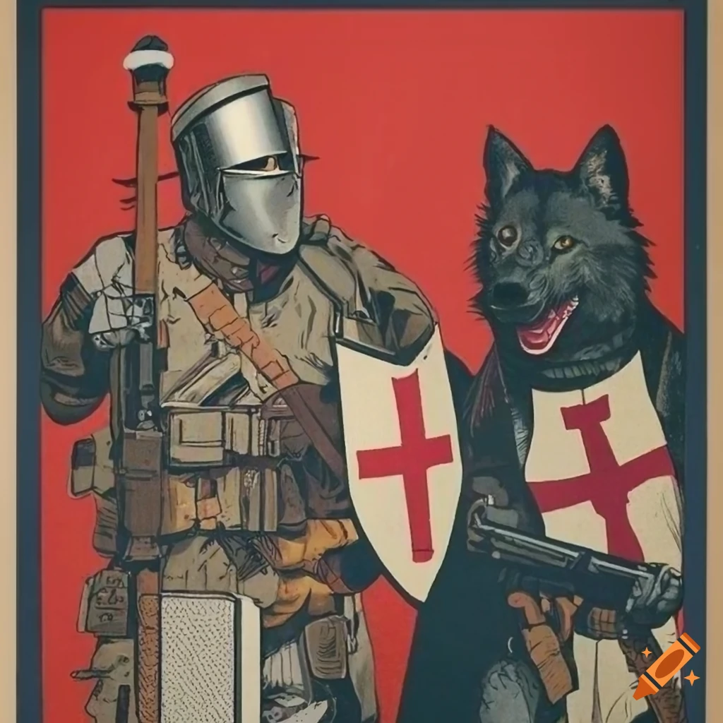 vintage propaganda poster of a wolf in insurgent fighter attire
