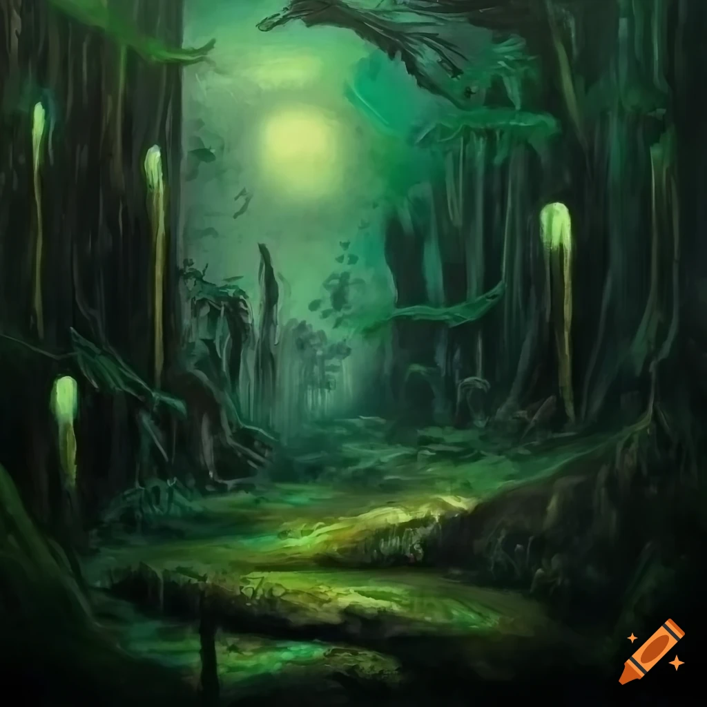 oil painting of a dark and haunting jungle
