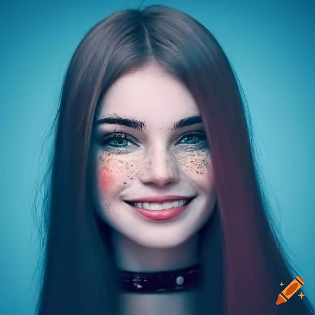 Portrait of a young woman with beautiful freckles and dark hair on Craiyon