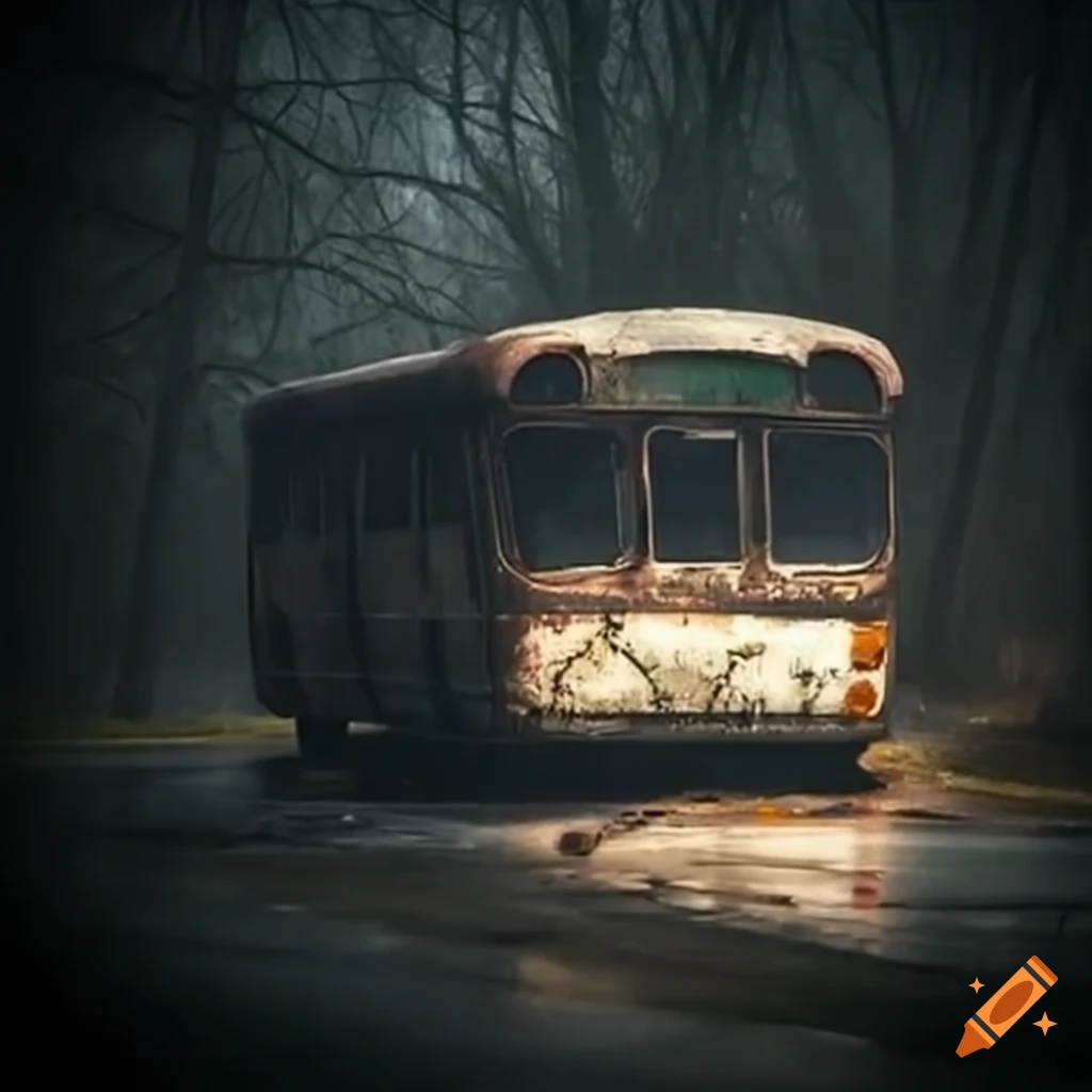 scary abandoned bus on an eerie road