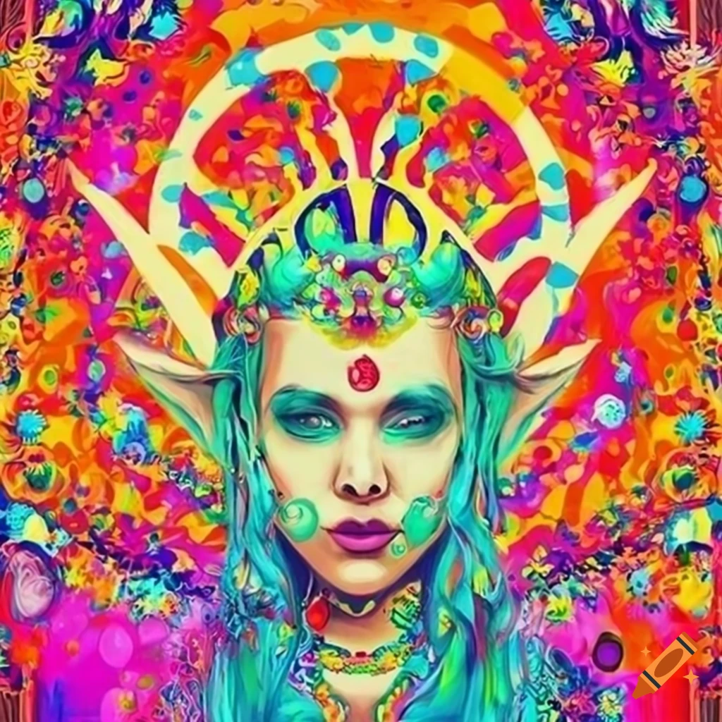 Colorful poster art of hippie elves on Craiyon