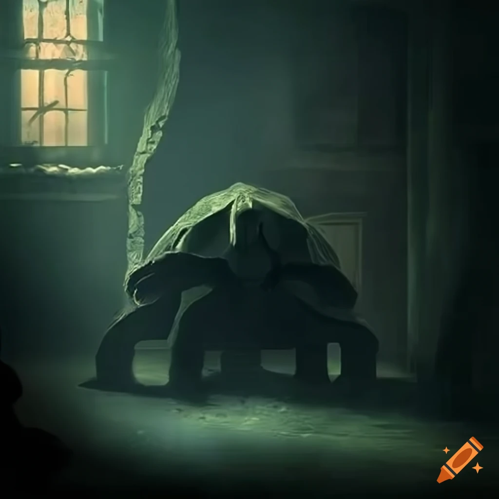 haunting image of a turtle in a spooky house