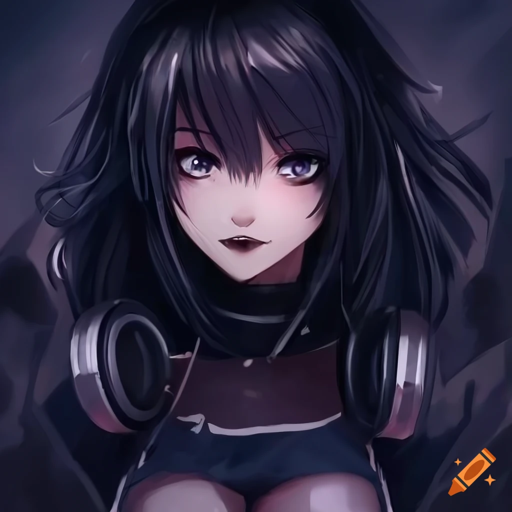 picture of a cool anime girl with grunge haircut and headphones