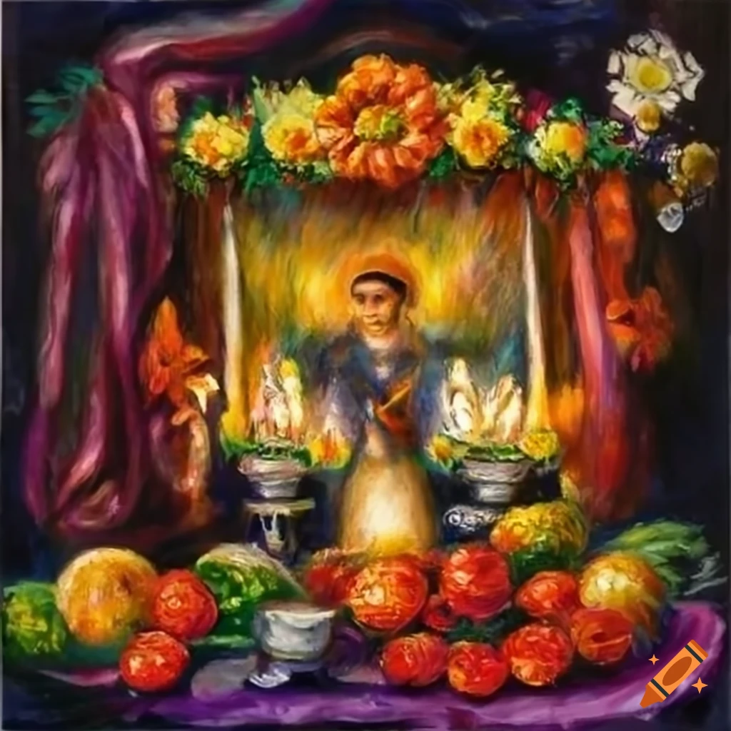 Renoir-style oil painting of a Dia de los Muertos altar