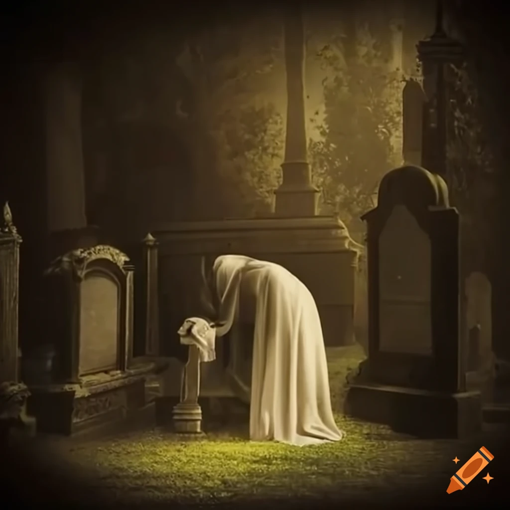scene in a grand graveyard with one grieving person