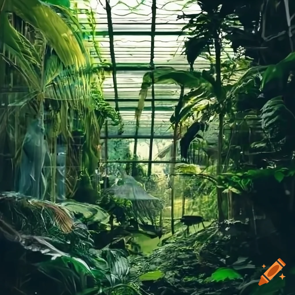 greenhouse surrounded by lush jungle