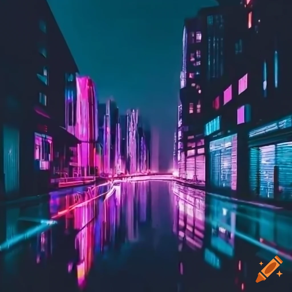 retrowave cityscape at night with brutalist architecture