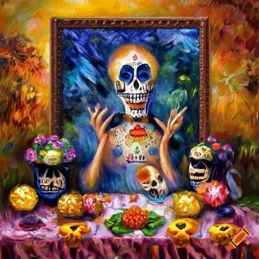 Renoir-style oil painting of a Dia de los Muertos altar