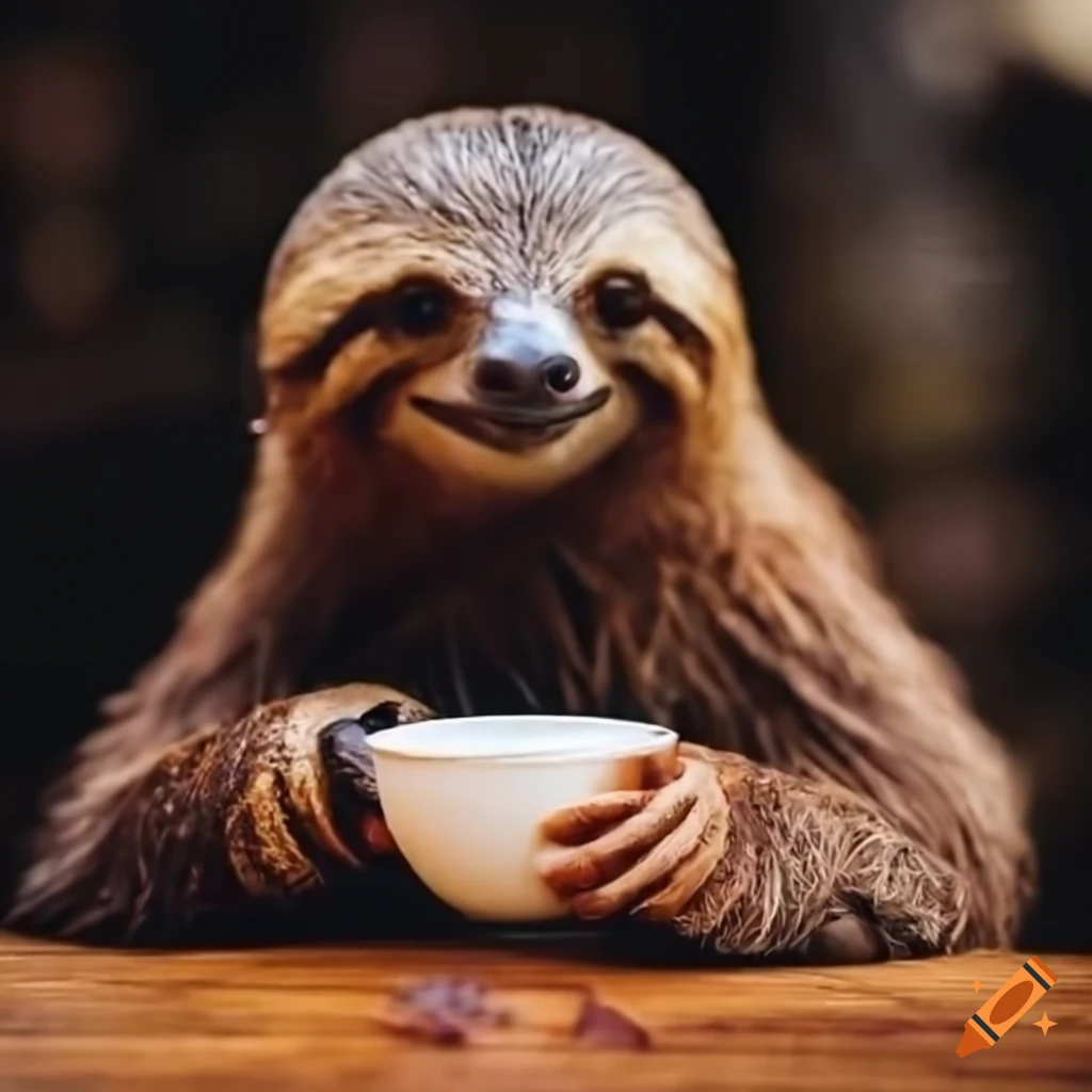 sloth enjoying coffee and croissant at a cafe table