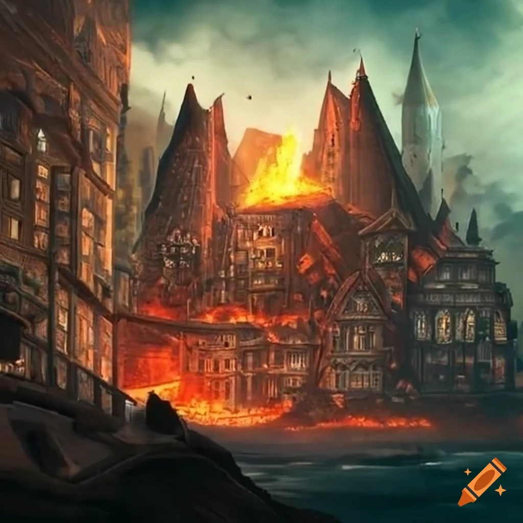 steampunk fantasy city built on the slopes of a volcano