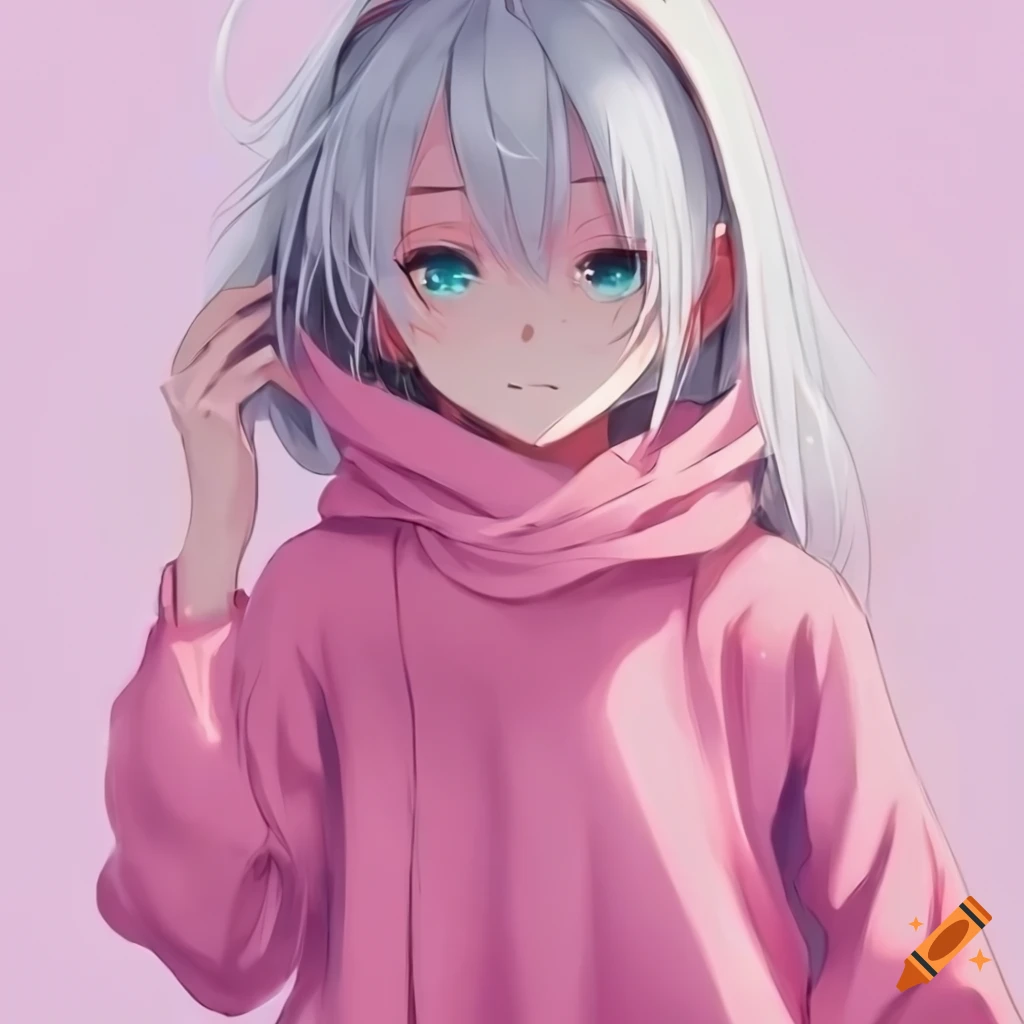 Stylish anime girl in pink oversized hoodie dress on Craiyon