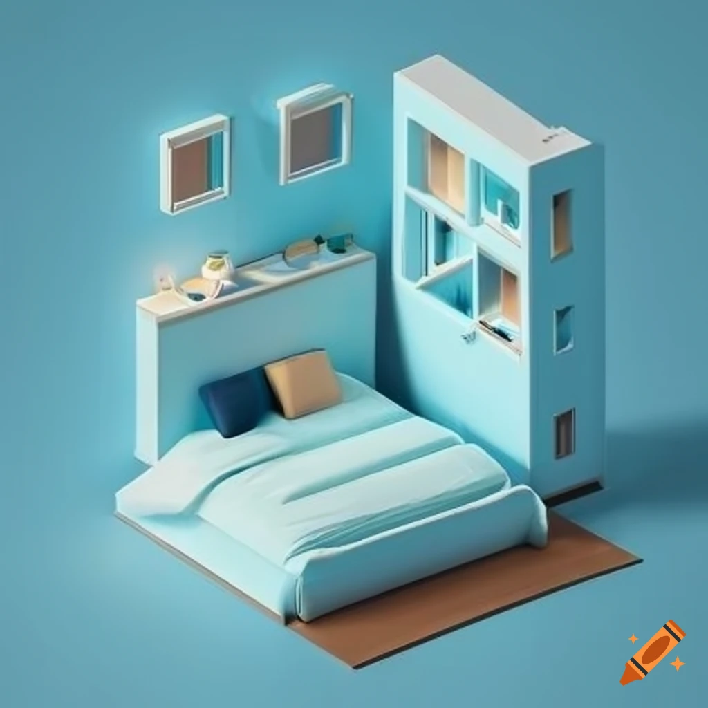 isometric view of a pastel blue bedroom apartment