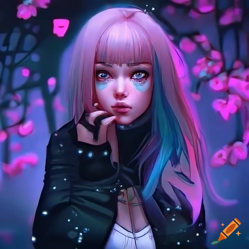 realistic cyberpunk girl artwork with pastel hair and black dress