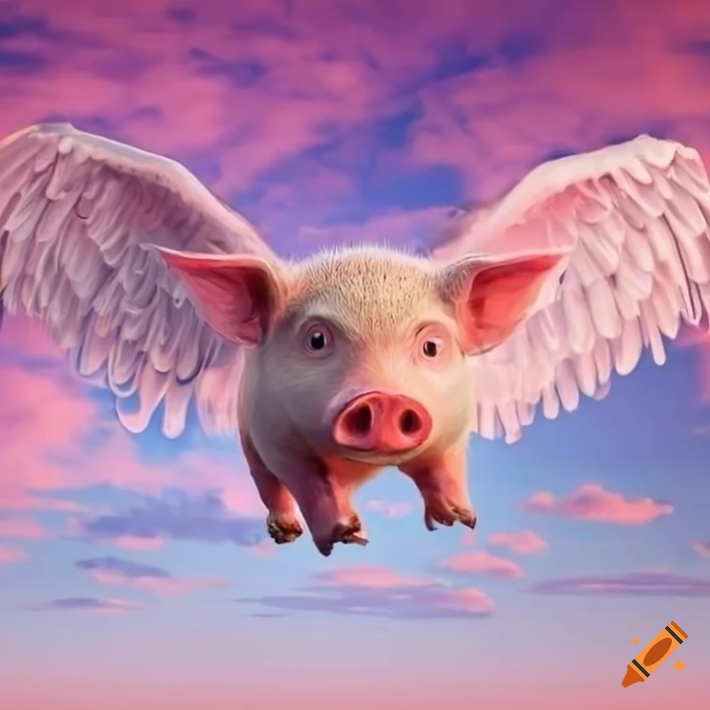 pig with angelic wings flying in the pink sky