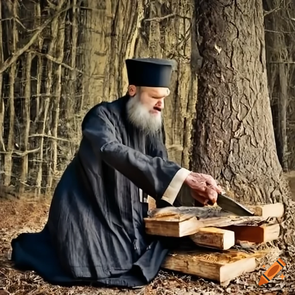 Orthodox Priest chopping wood