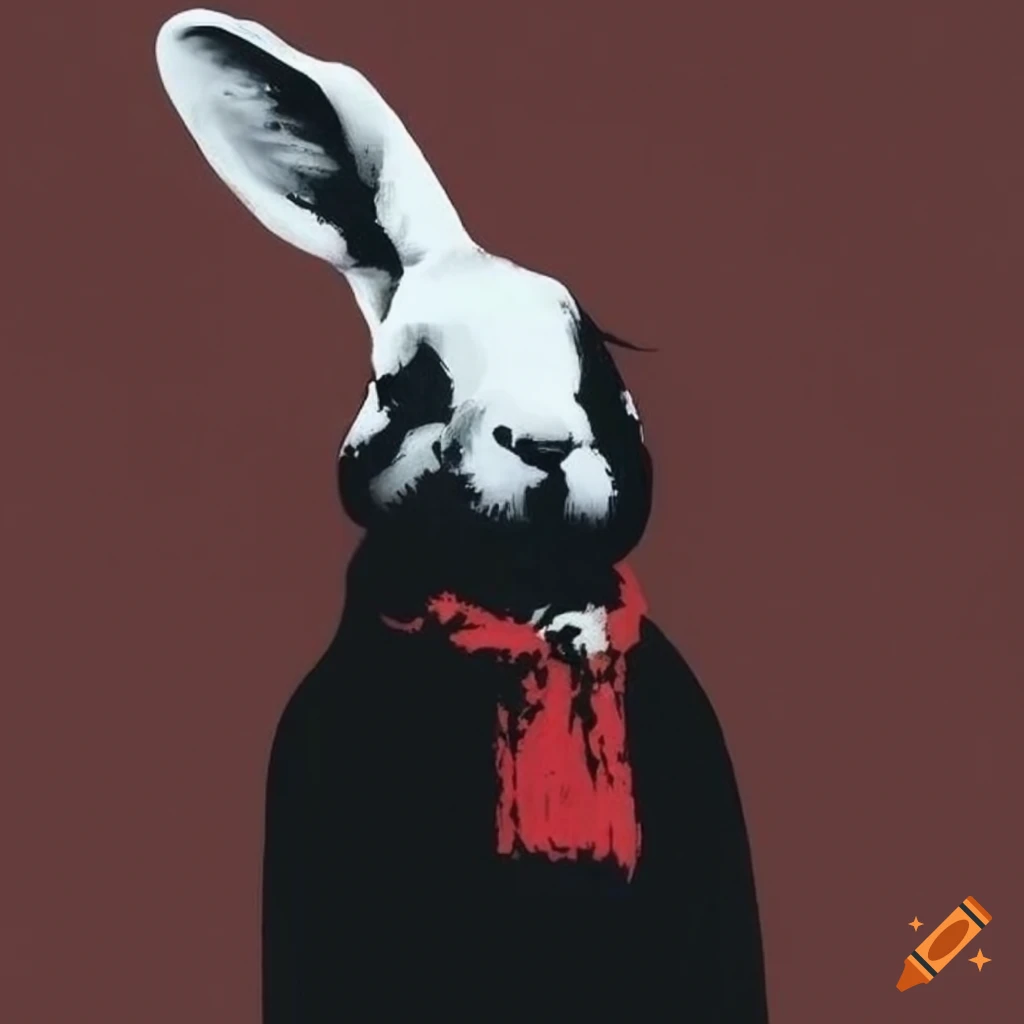 Banksy-inspired black and white spray paint rabbit with red accent on ...