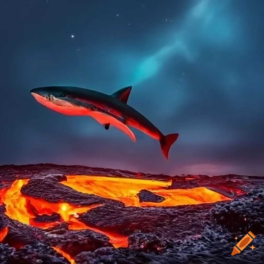 Epic image of a shark jumping over lava at night on Craiyon