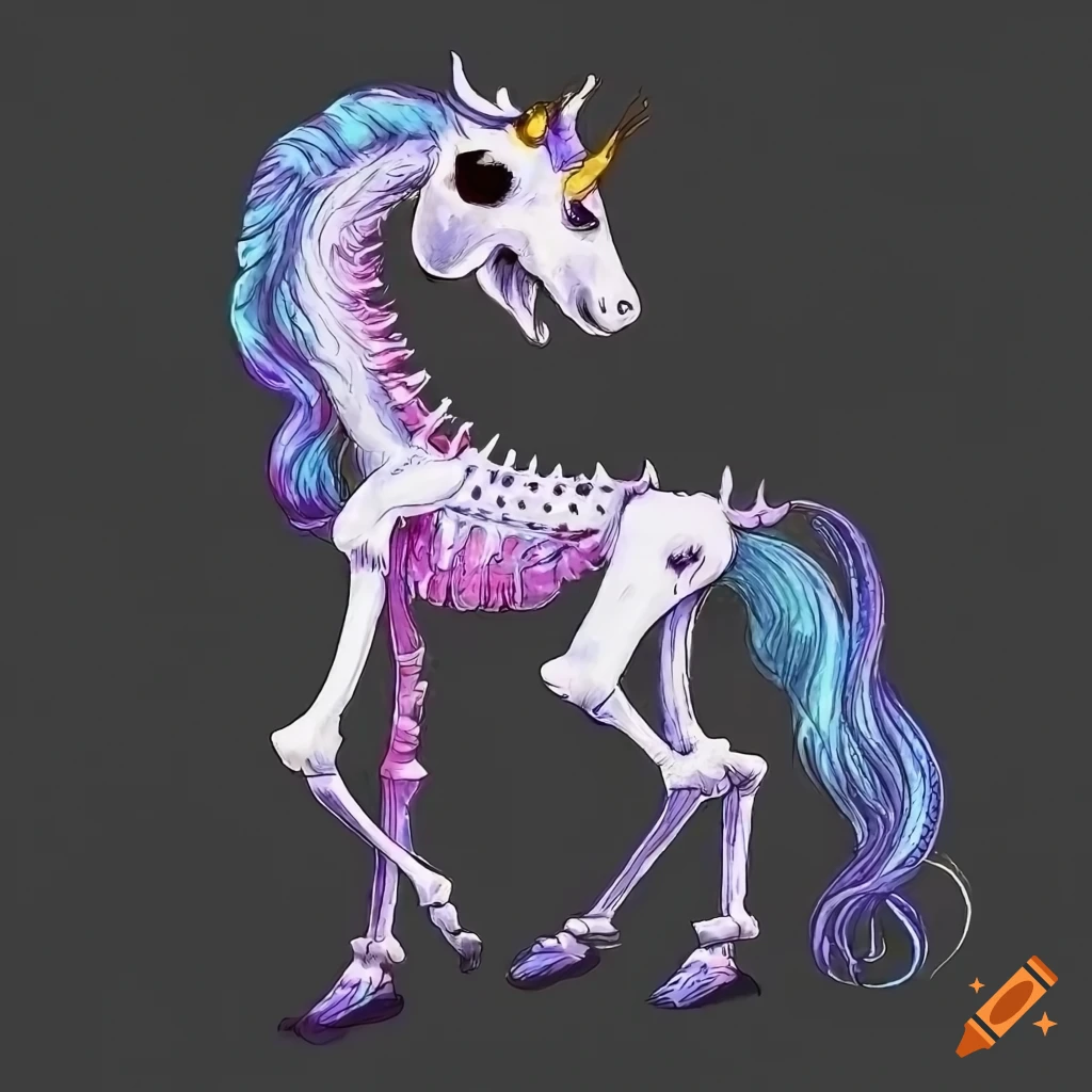 Detailed gothic illustration of a cute unicorn skeleton on Craiyon