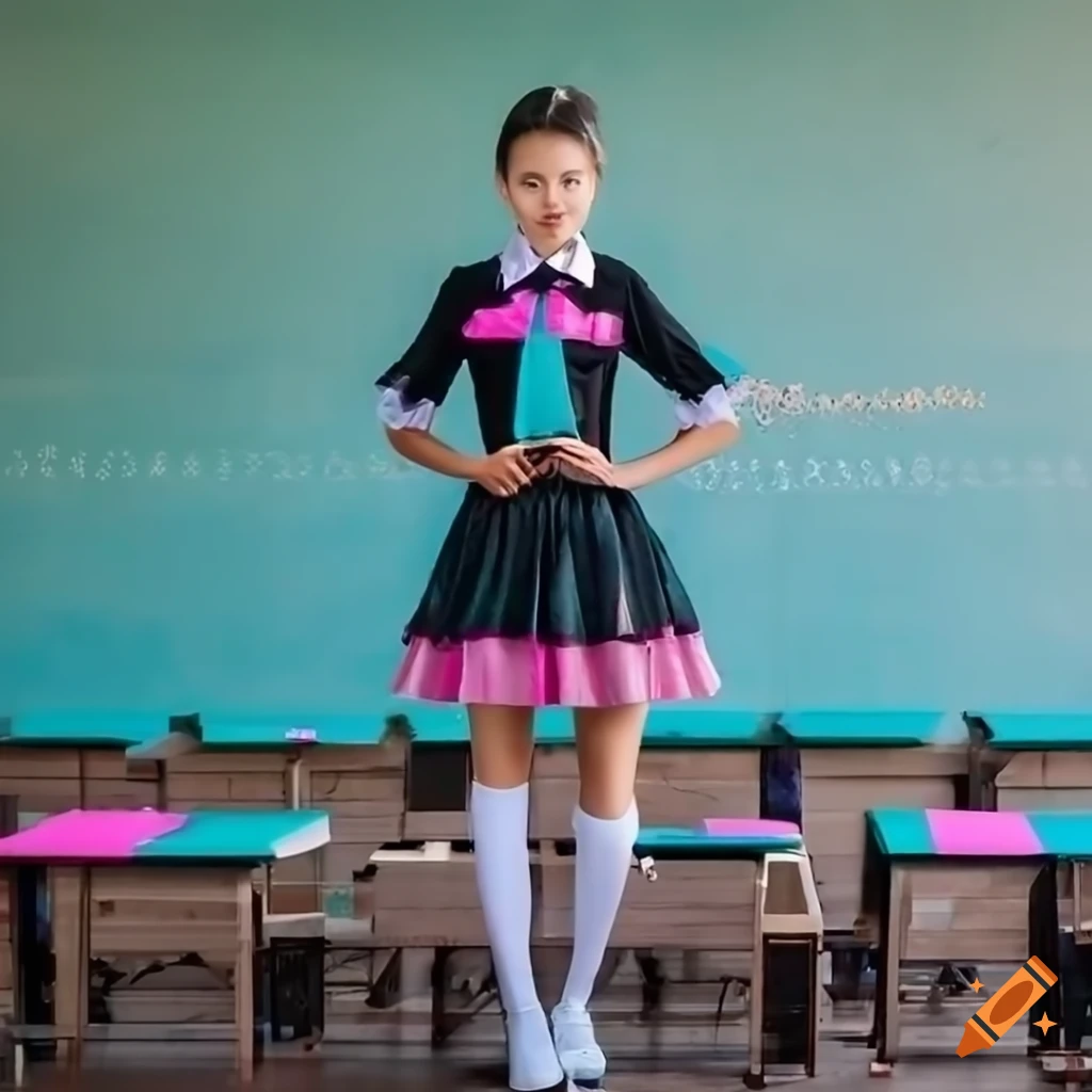 girl in a modern rococo school uniform in a glass desk classroom