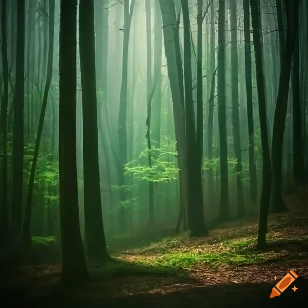 peaceful forest with a view of a distant city
