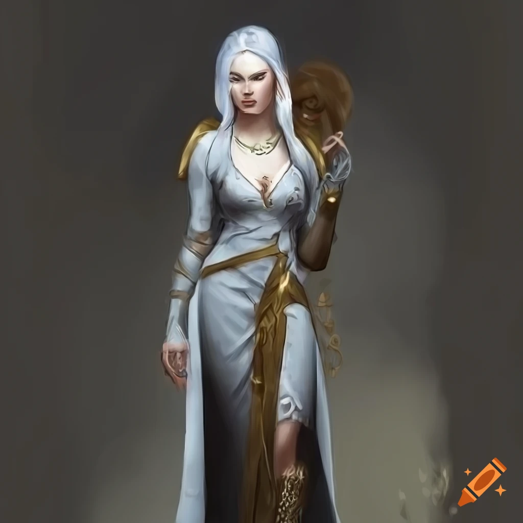 Digital art of a half-elf woman with white hair and green eyes on Craiyon