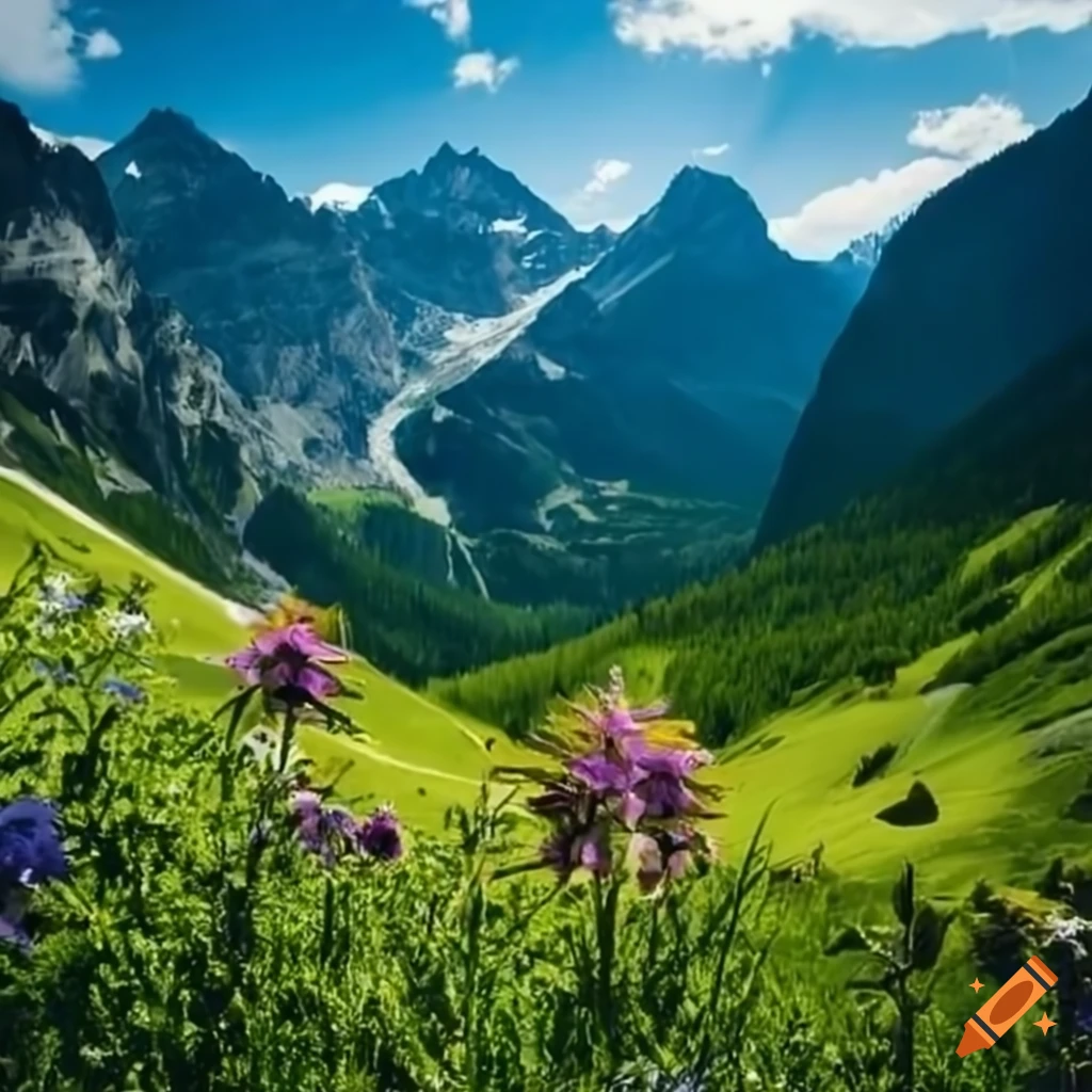 austrian alps with blooming alpine flowers