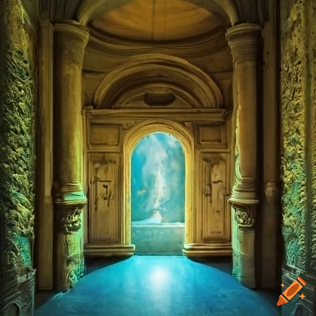 baroque door with spiral galaxy engraving on sandstone wall