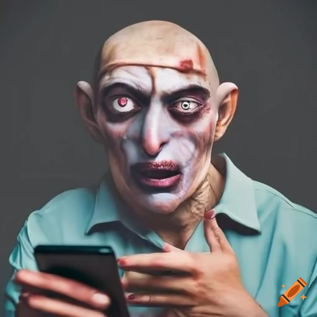 Man with meme face looking at phone screen on Craiyon
