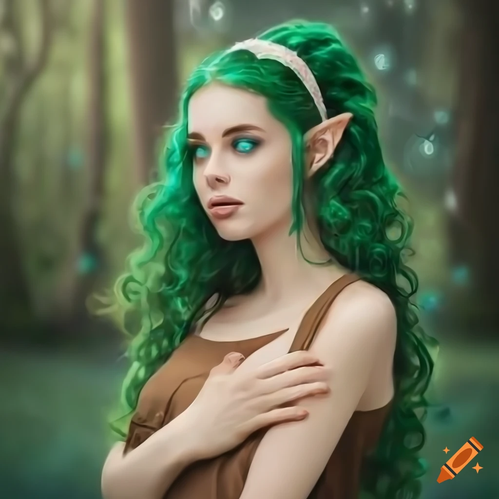 Photo of a young woman in a green dress in front of an enchanted forest ...