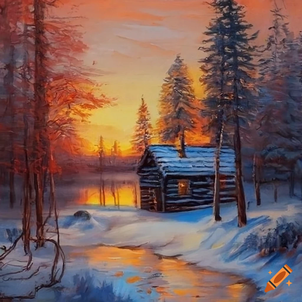 Vintage oil painting of a winter forest and cabin at sunset on Craiyon