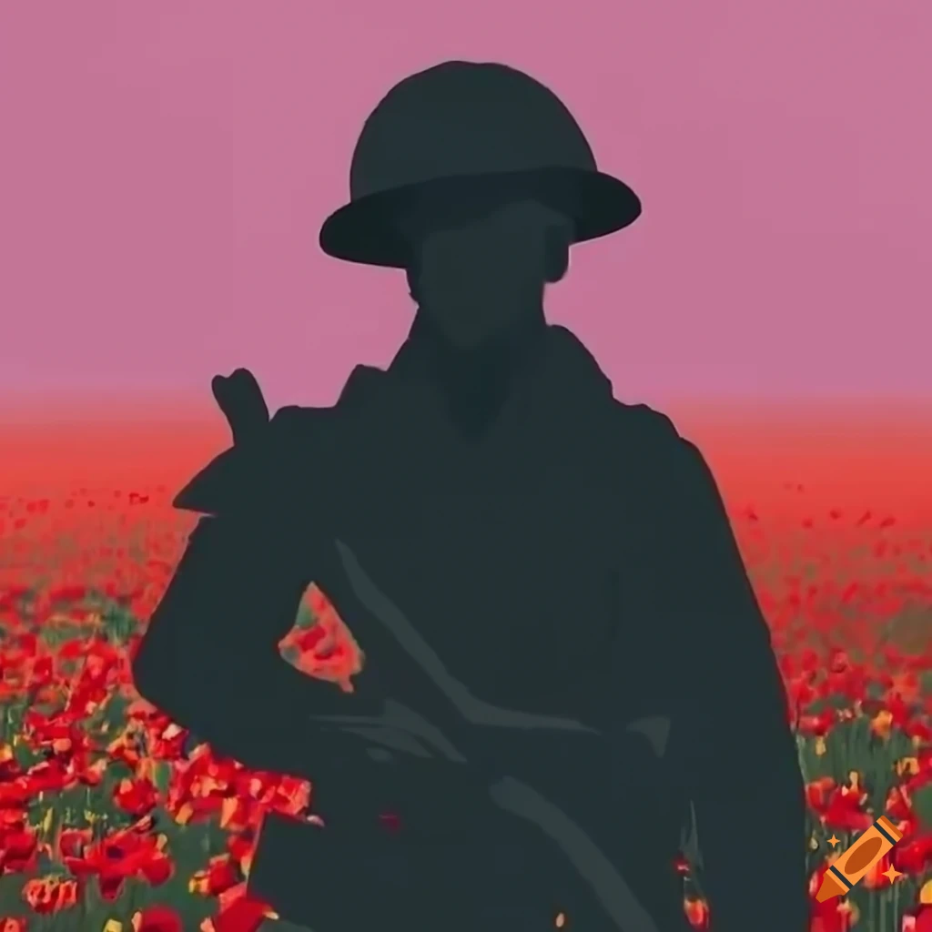 silhouette of a soldier in a poppy field