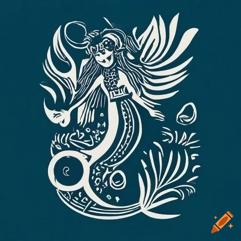 black-and-white-linocut-print-of-mexican-folk-art-mermaids