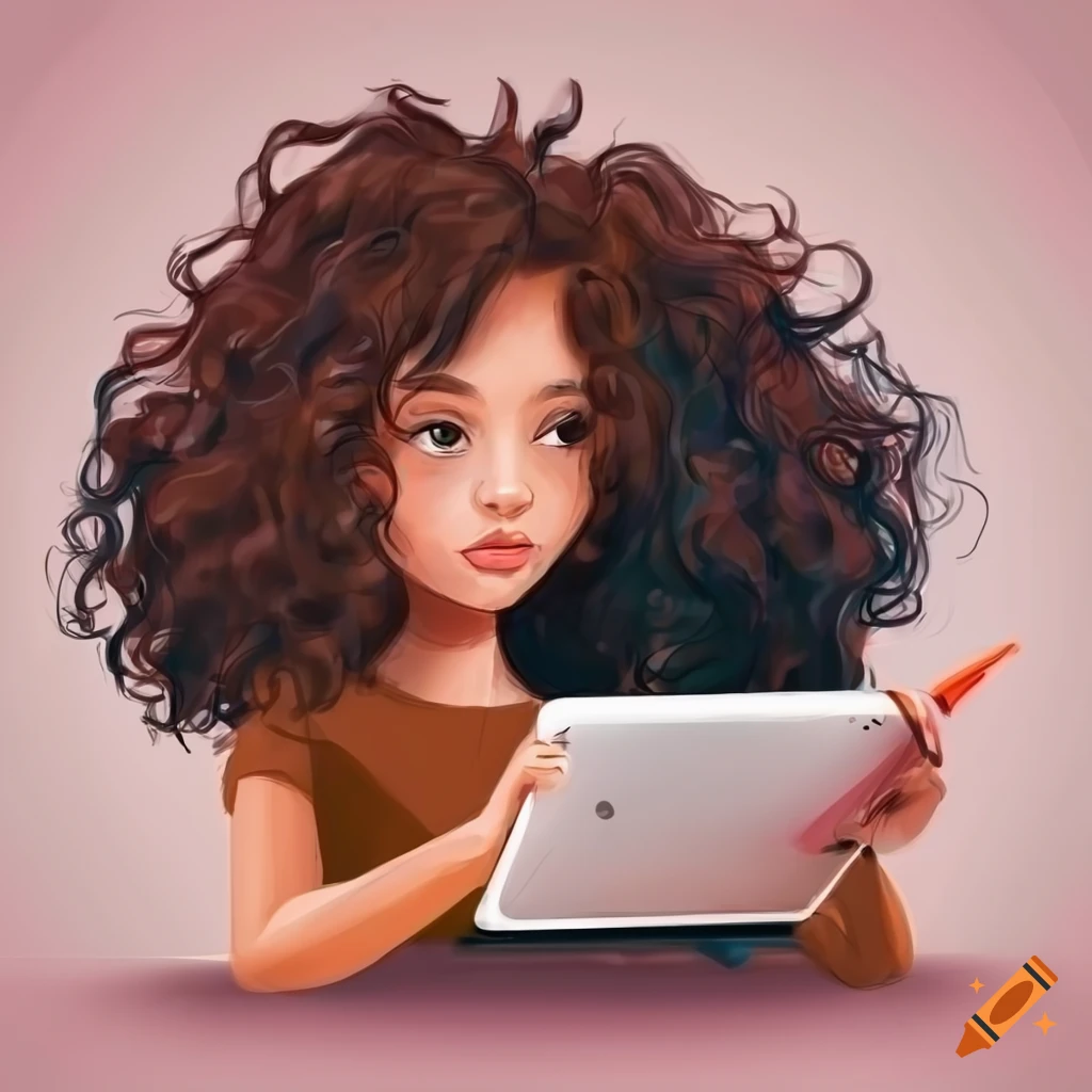 Sketch Of A Girl With Curly Dark Brown Hair Using An Ipad On Craiyon 1351