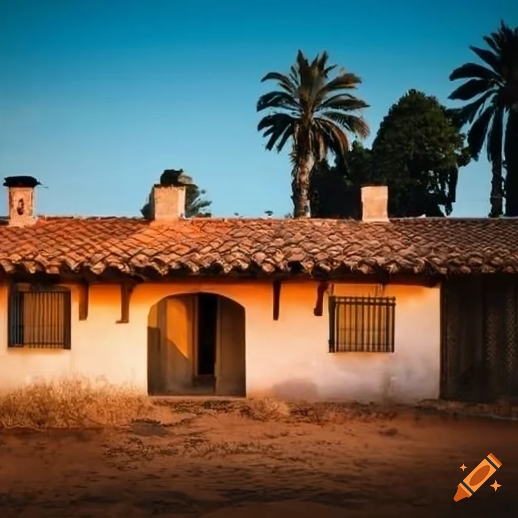 Exterior of a spanish style house on a dirt lot on Craiyon