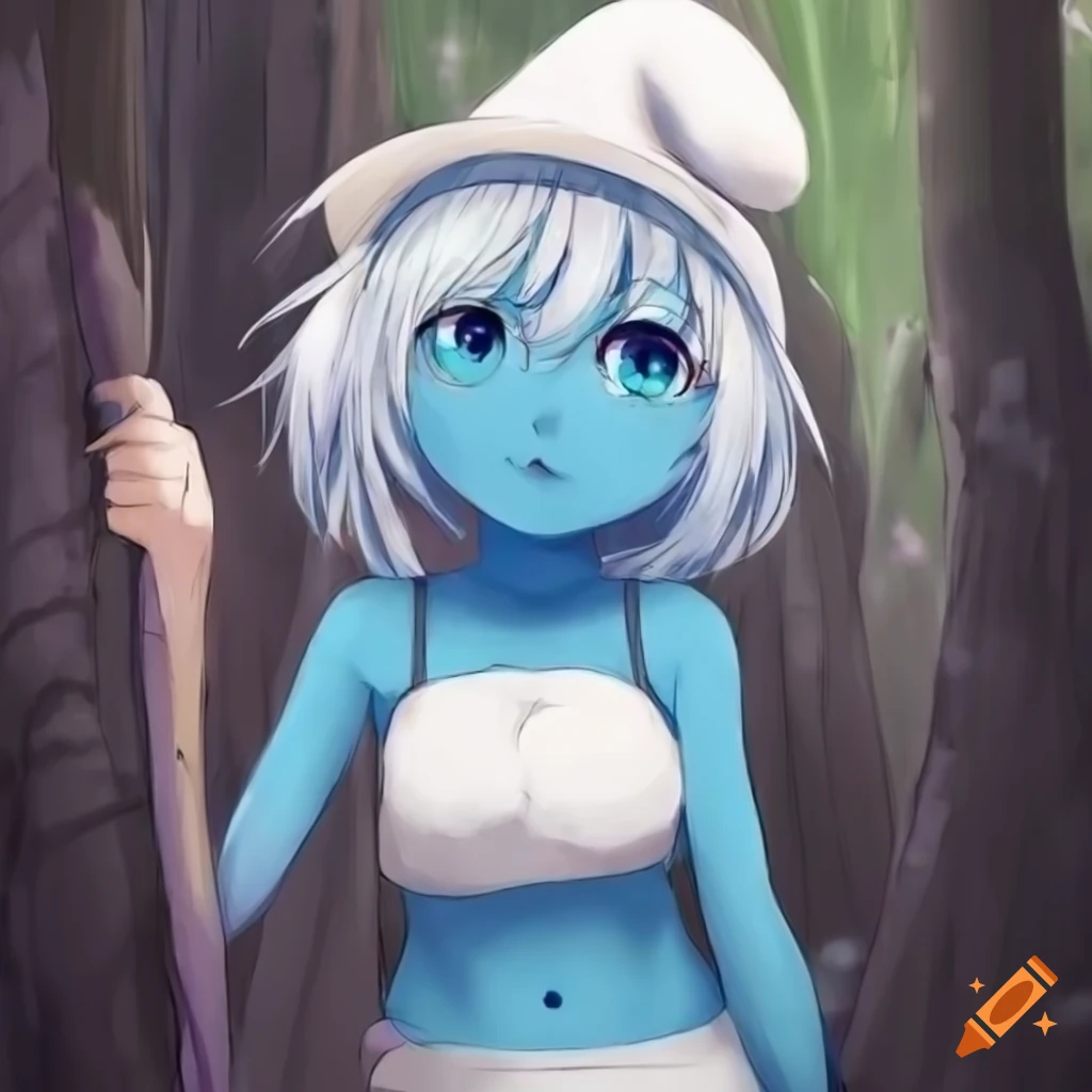 cute anime catgirl in the woods with a smurf hat