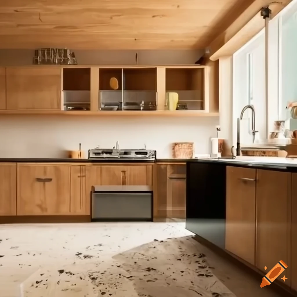 Modern kitchen with black granite countertop and oak cabinets