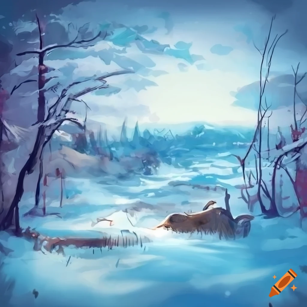 concept art of a snowy landscape with a small cat