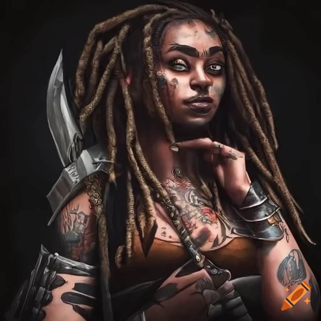 Fantasy warrior woman with dreadlocks and advanced weaponry on Craiyon