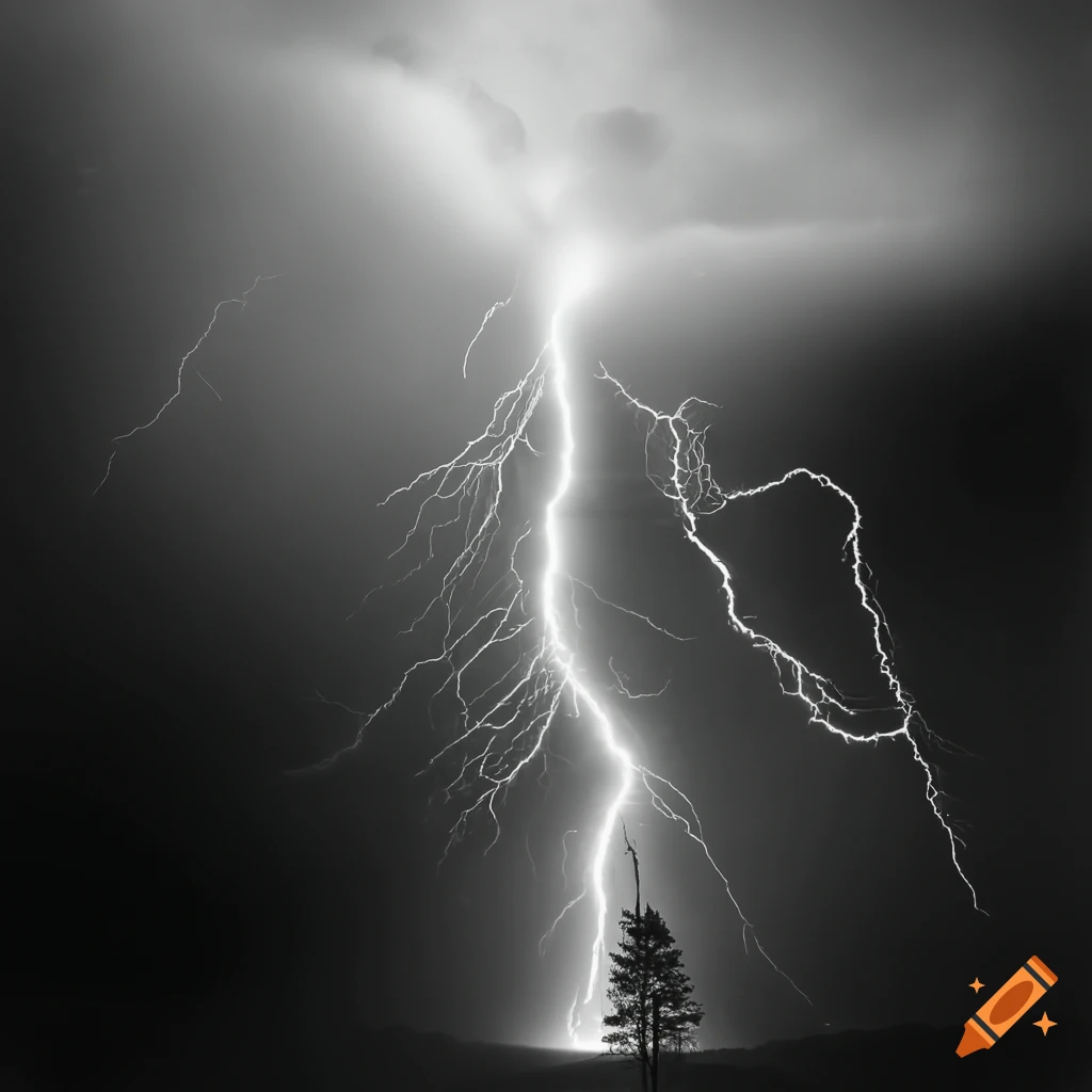 Black and white photo of a lightning striking a tree at night on Craiyon