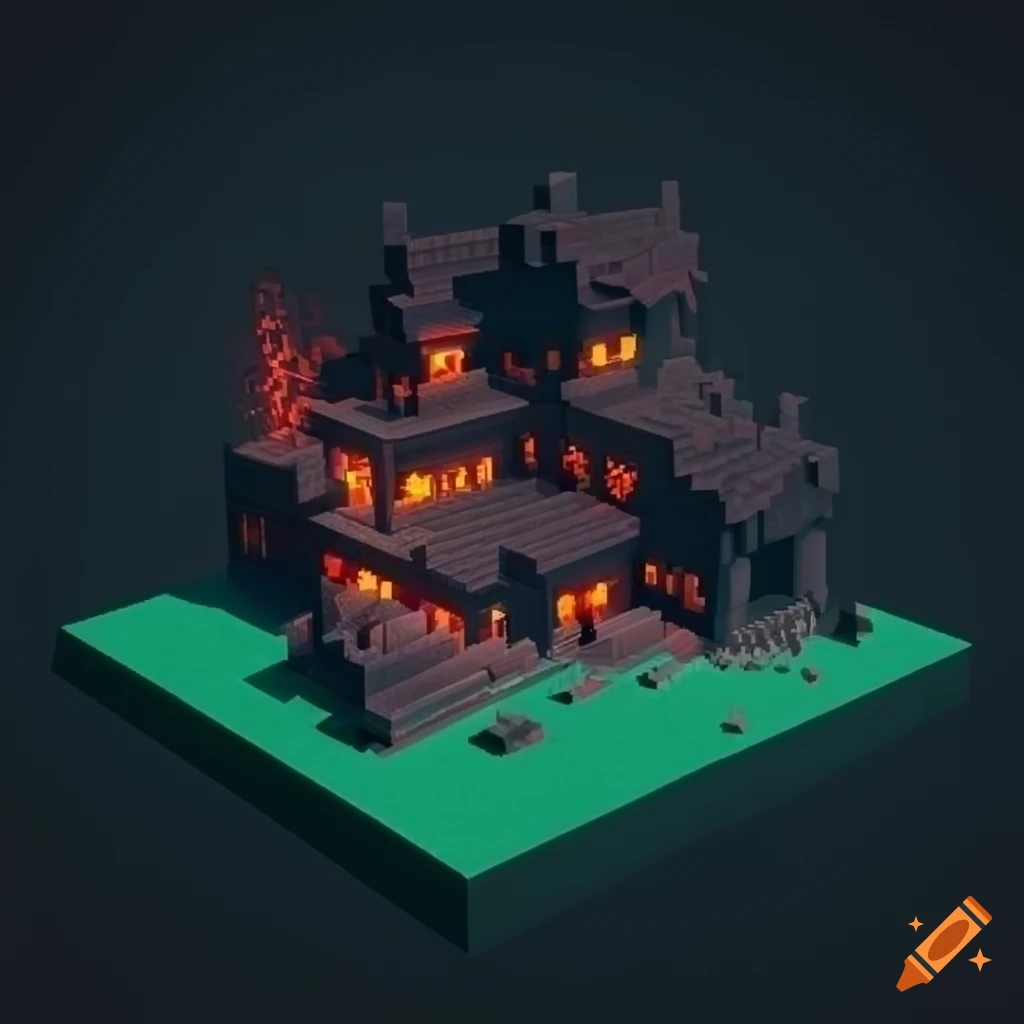 voxel art representation of a mansion inspired by Avenged Sevenfold in a cave