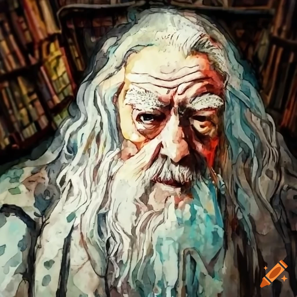 bearded man in a gothic bookstore
