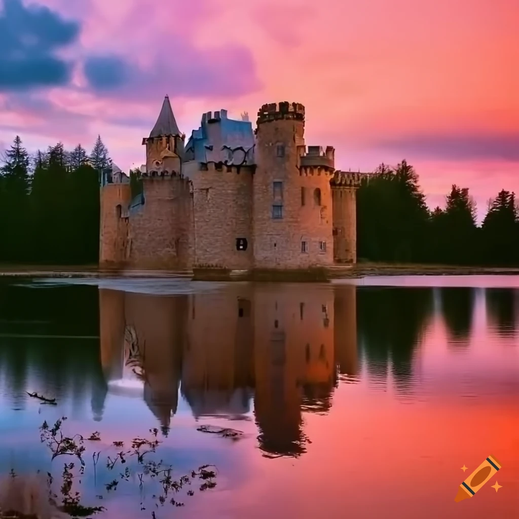 castle surrounded by forest creatures in a peaceful setting