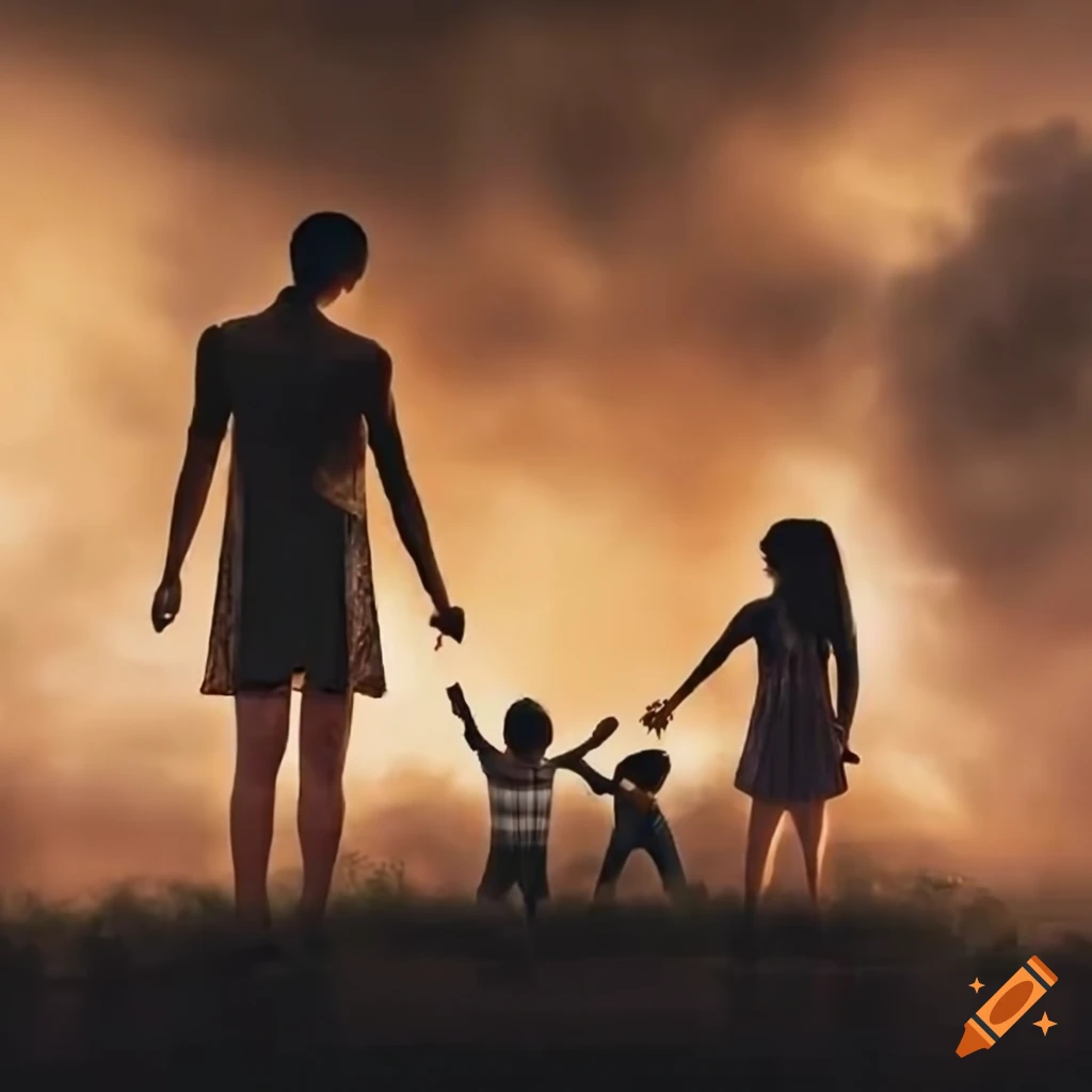 family picture with a destroyed house in the background