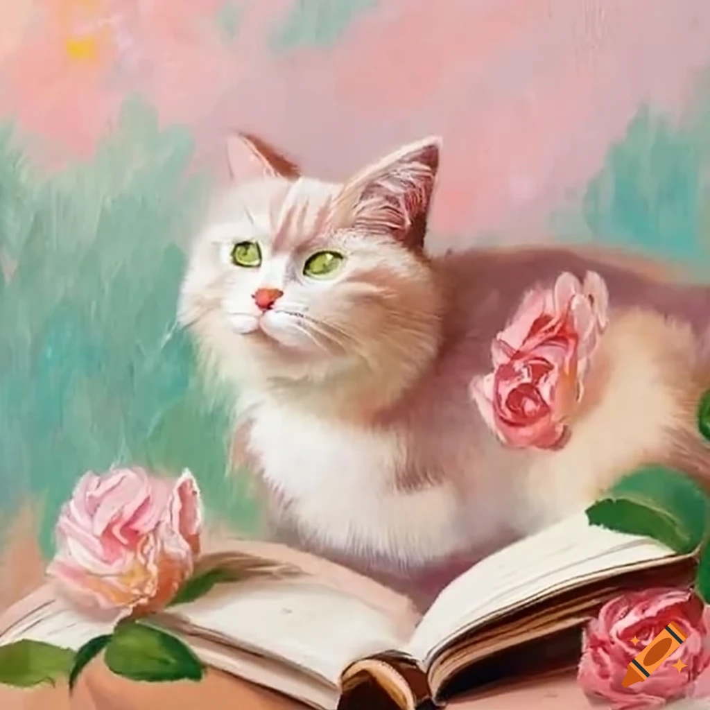 cute cottagecore kemono cat reading in a rose garden