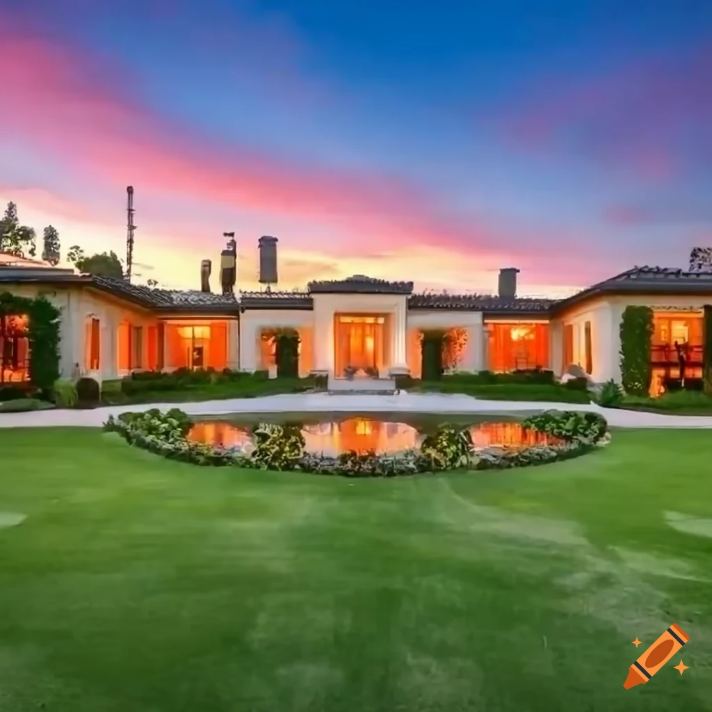 California mansion with cherry blossoms and sunset