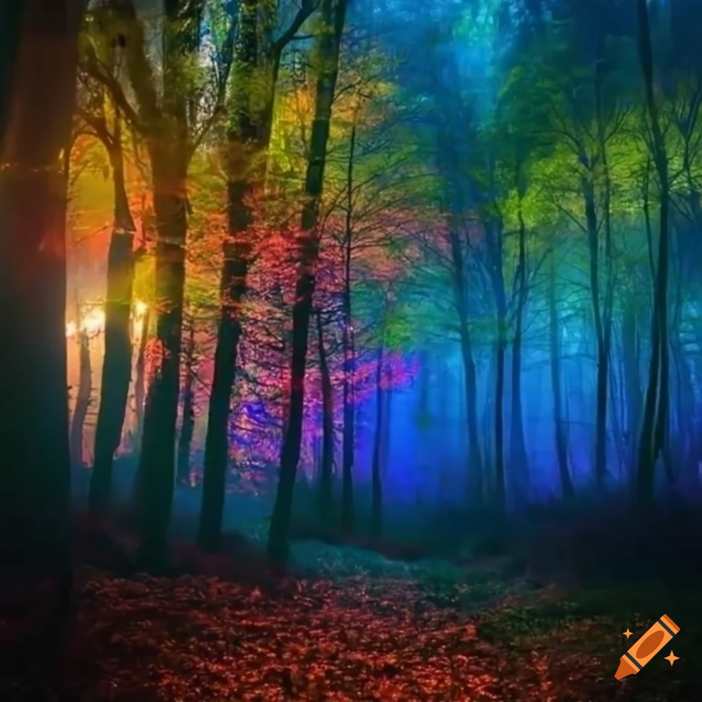 Enchanted forest with sparkling lights and rainbow-colored trees on Craiyon